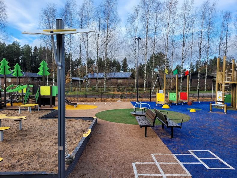 Näkymä leikkipaikalle, jossa penkkejä ja leikkivälineitä.
