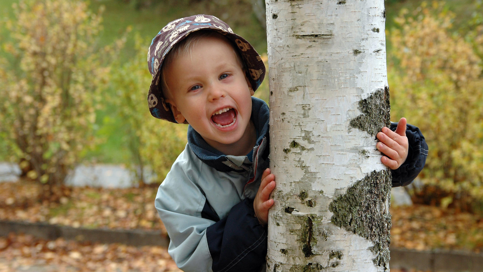 Iloinen pikkupoika halaa koivua.