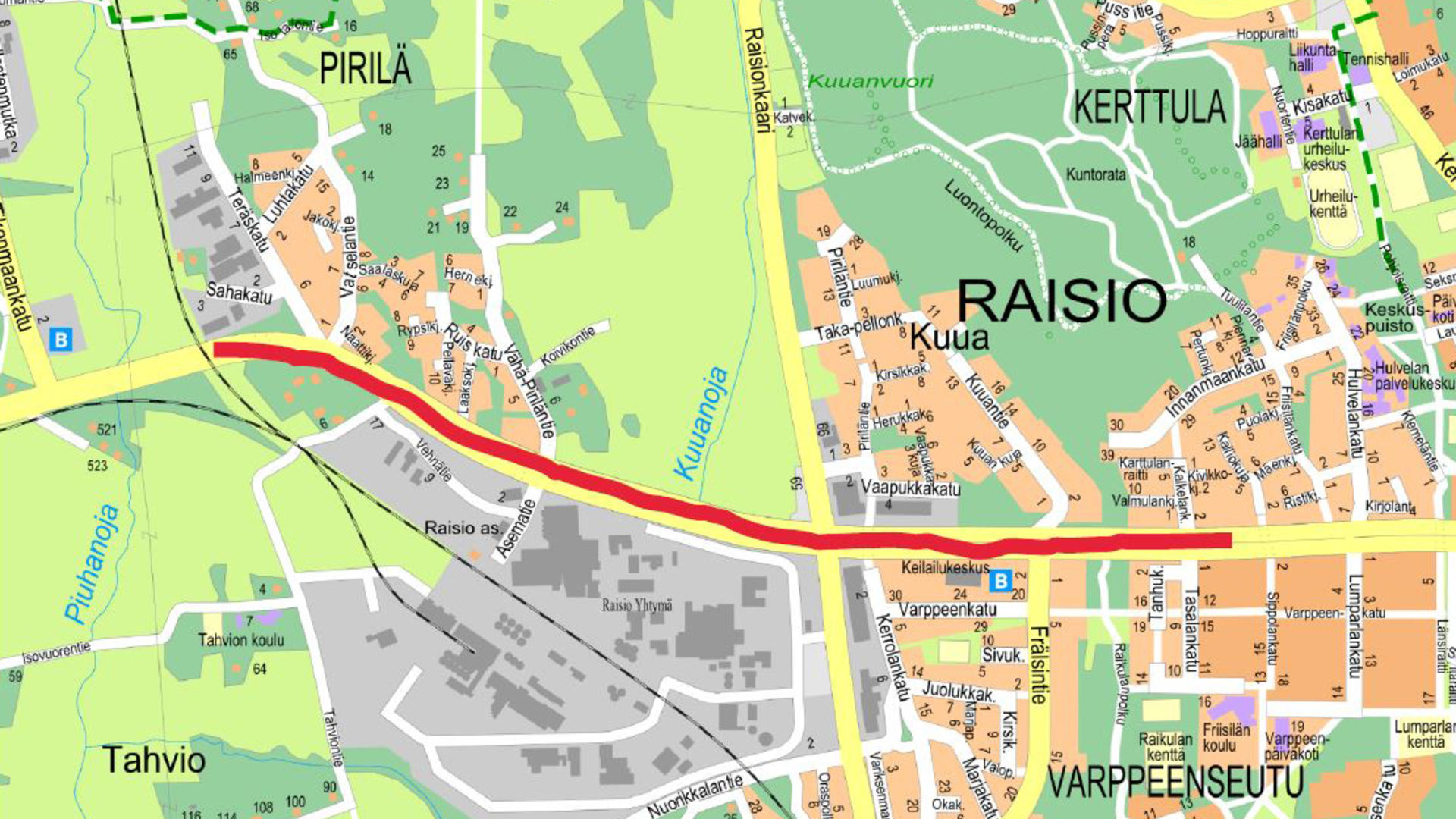 50 km/h rajoitukseksi muuttuva tieosuus Raision keskustasta Uuteenkaupunkiin johtavalle junaradalle.