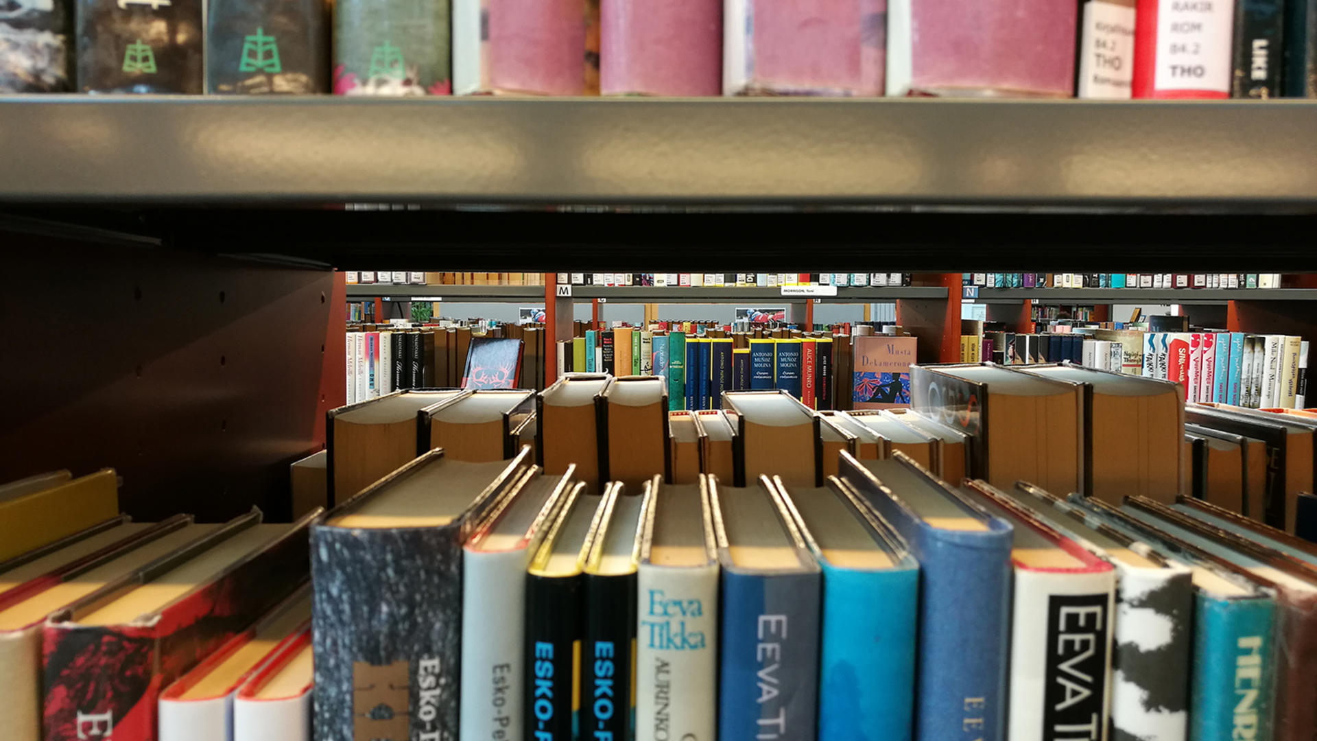 Kuvassa kirjaston hylly täynnä kirjoja.