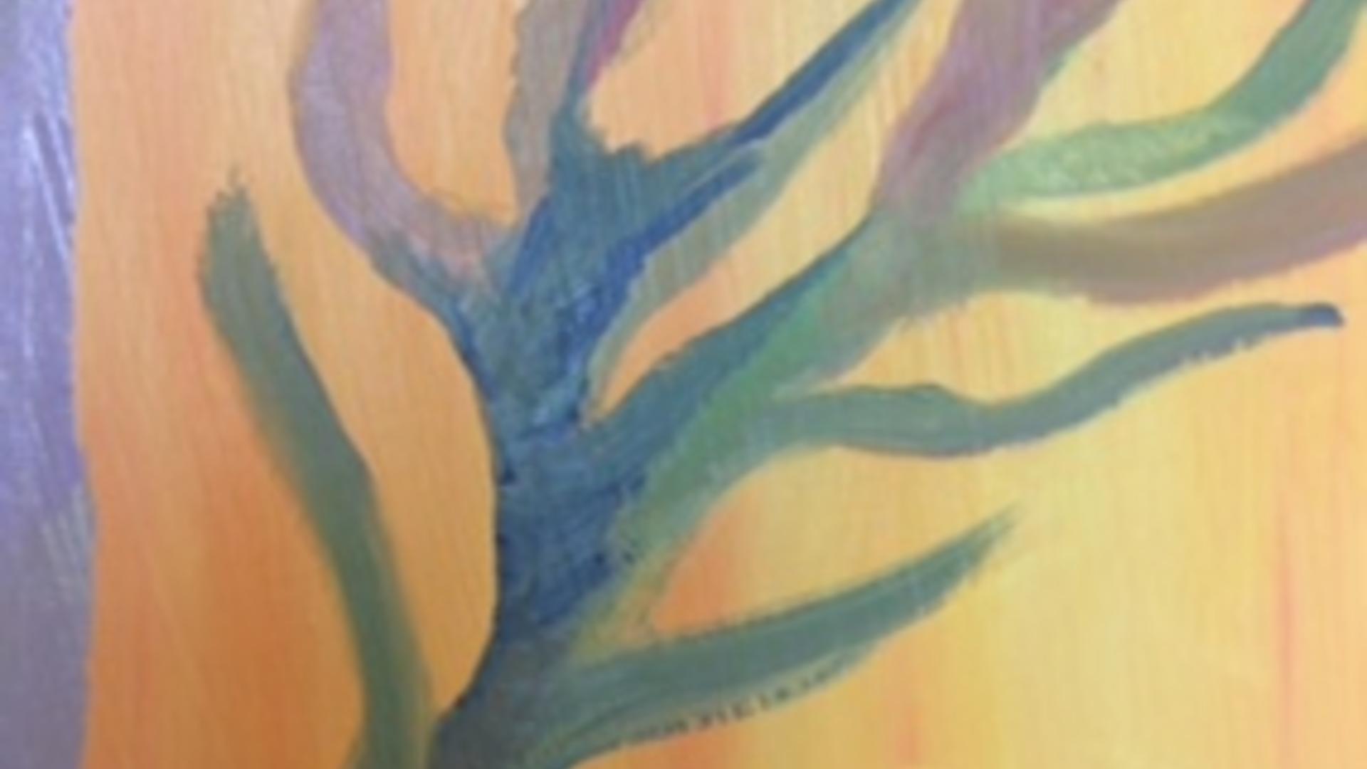 Hertta -nimisen henkilön tekemä öljyväriharjoitus, jossa vasemmalta alhaalta versoaa puun okisa muistuttavat rakenteet. Teoksen taustavärinä keltainen, oksien väreinä sinistä, vihreää ja lilaa.