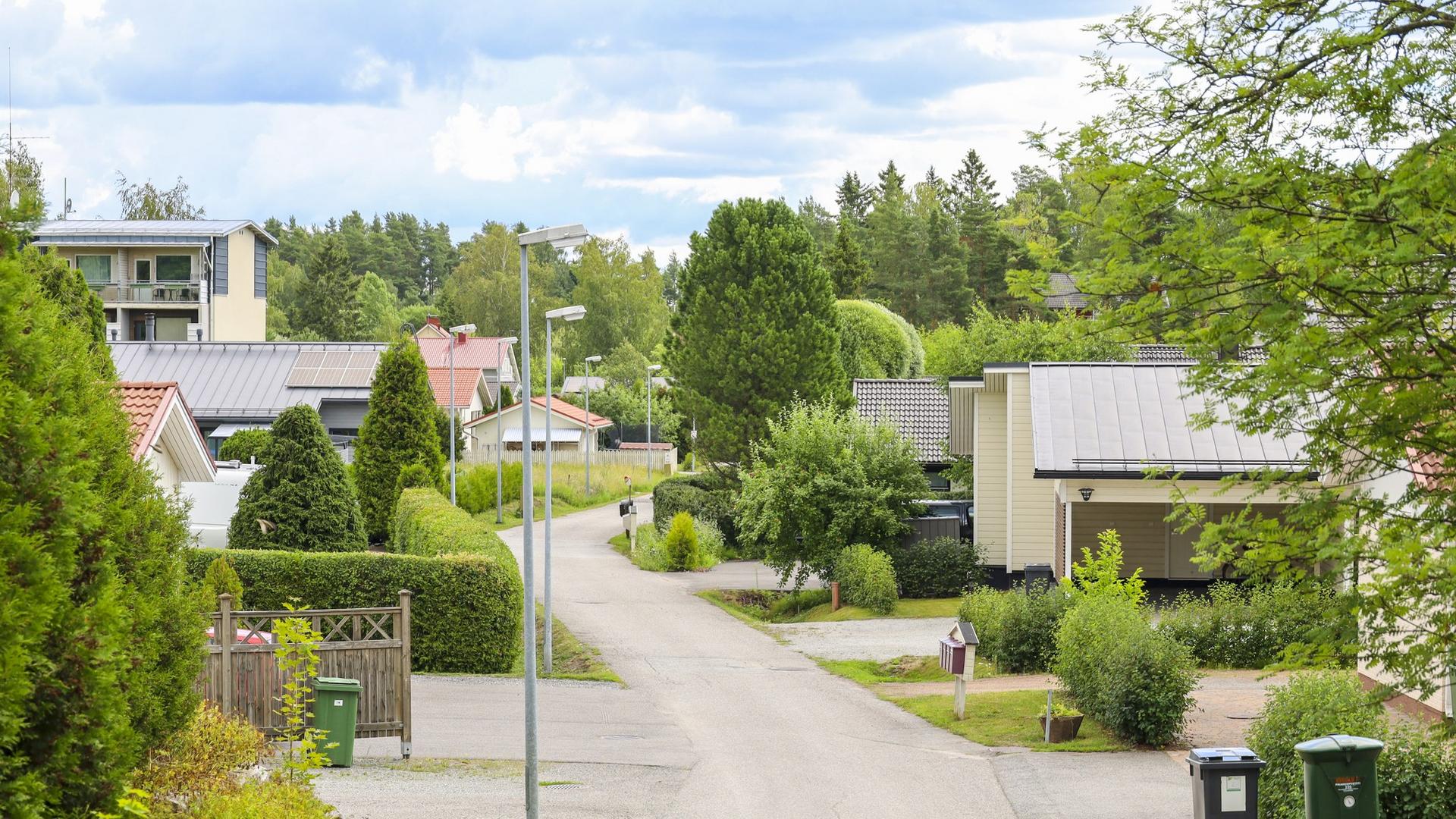 Kuvassa keskellä on kävelykatu. Kadun ympärillä taloja ja pihoja. Kuvassa paljon puita ja nurmikkoa.