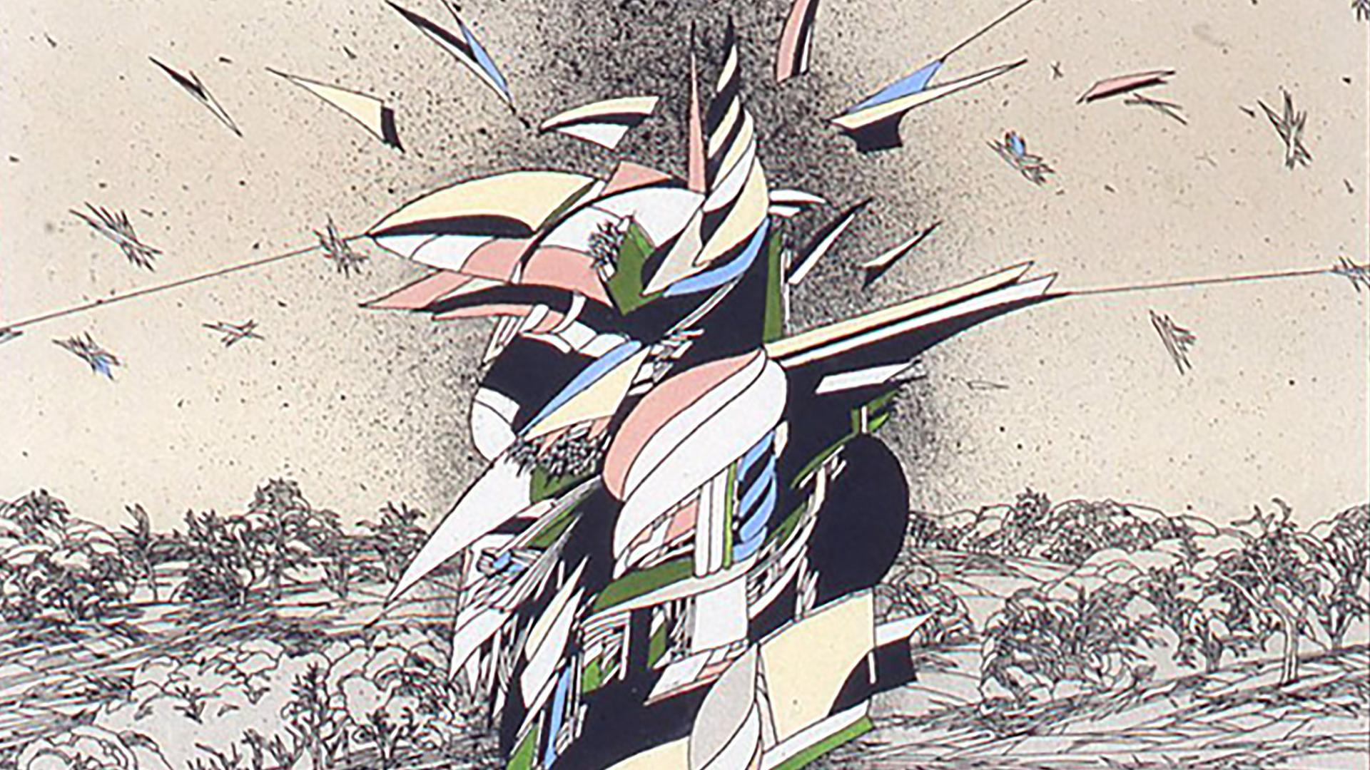 Kuvan teos Marje Üksine, Monumentti, 1985, litografia. Raision museo Harkko_Eero Rantasen säätiön kokoelma.