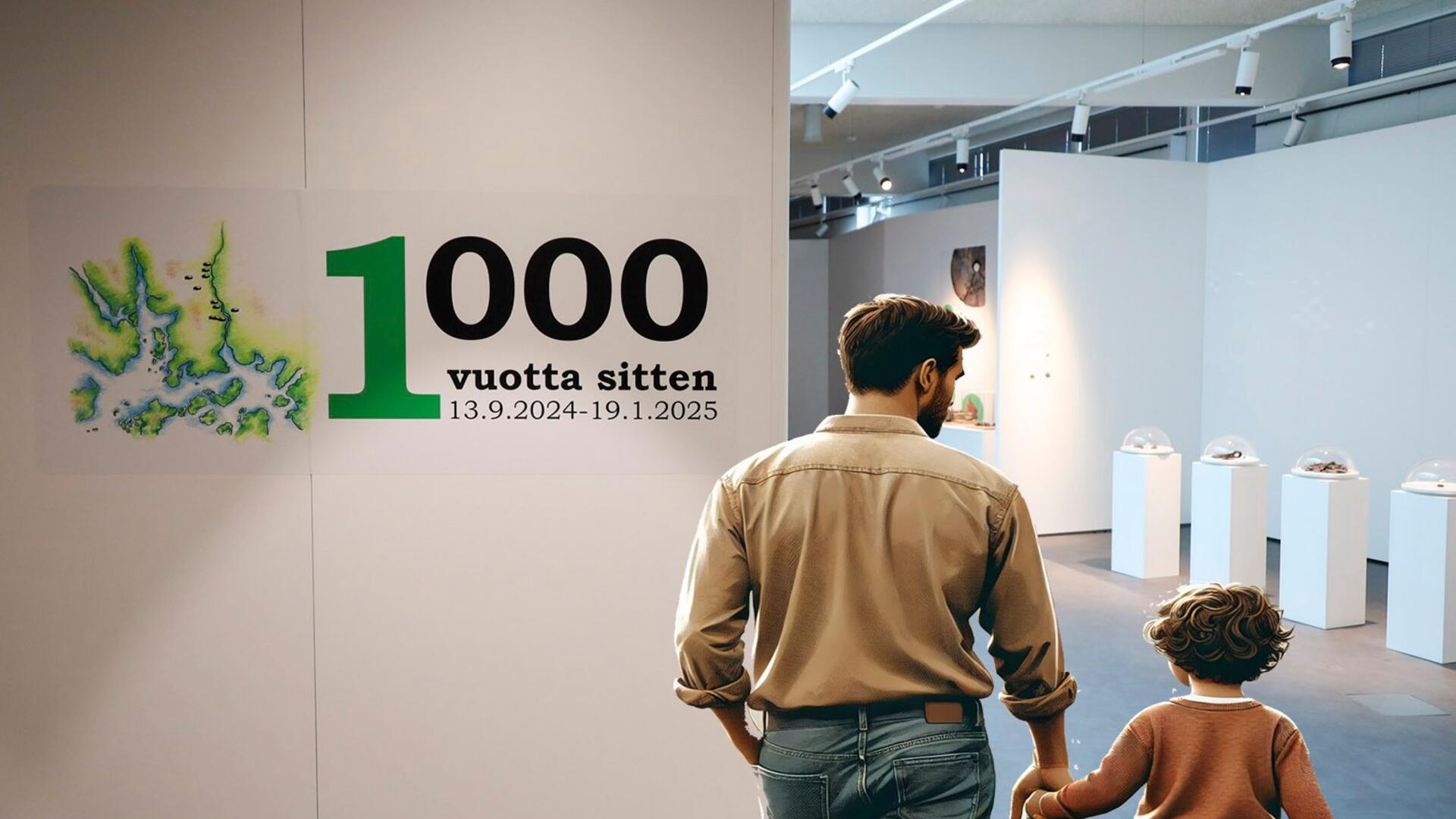 Kuvassa Raision museo Harkon 1000 vuotta sitten -näyttely, johon liitetty tekoälyllä luotu kuva isästä ja pojasta kävelemässä käsikädessä näyttelyssä.