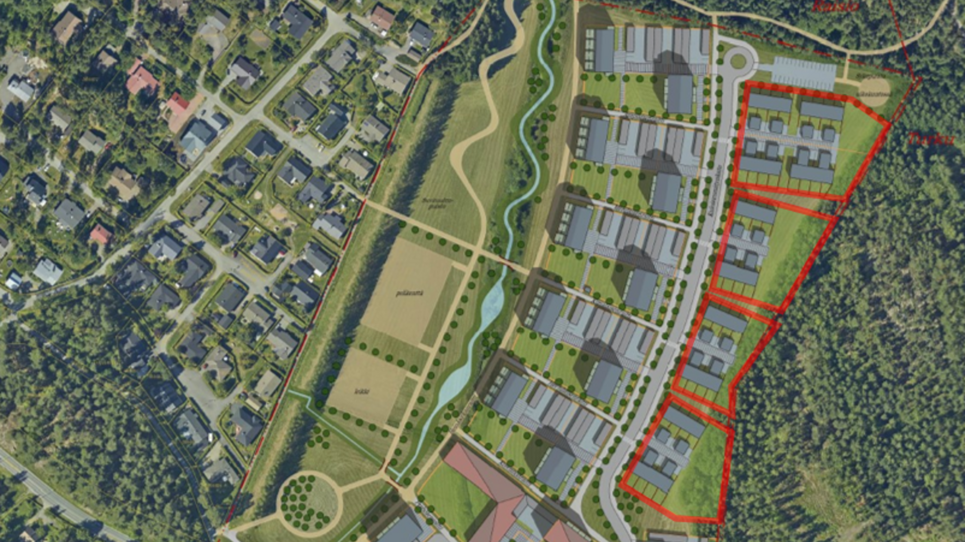 Kuloistenniitty 1 -asemakaava-alueen havainnekuva, johon on rajattu neljä tarjouskilpailuun sisältyvää rivitalokorttelia.