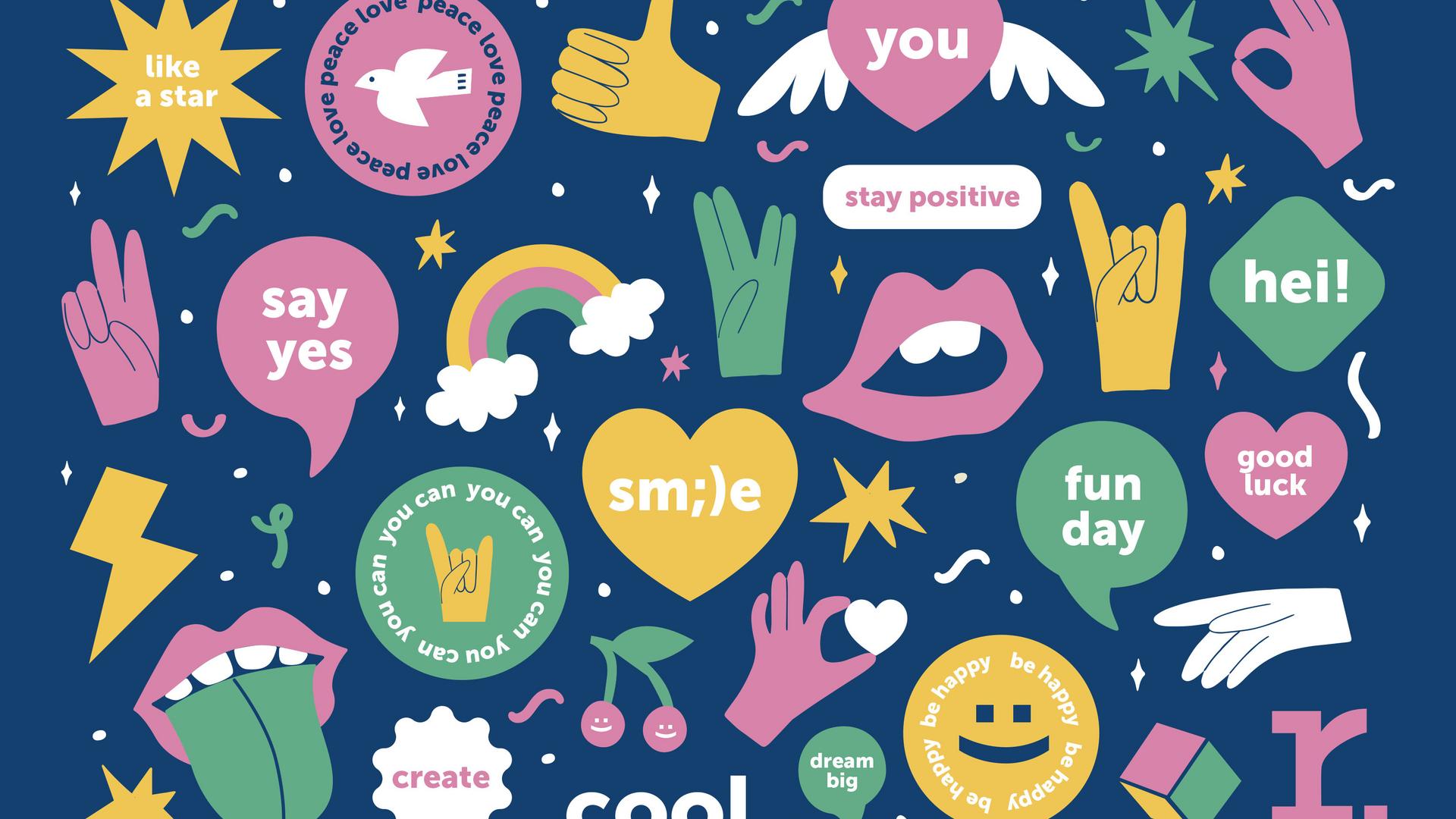 Värikkäitä kuvakkeita sinisellä pohjalla