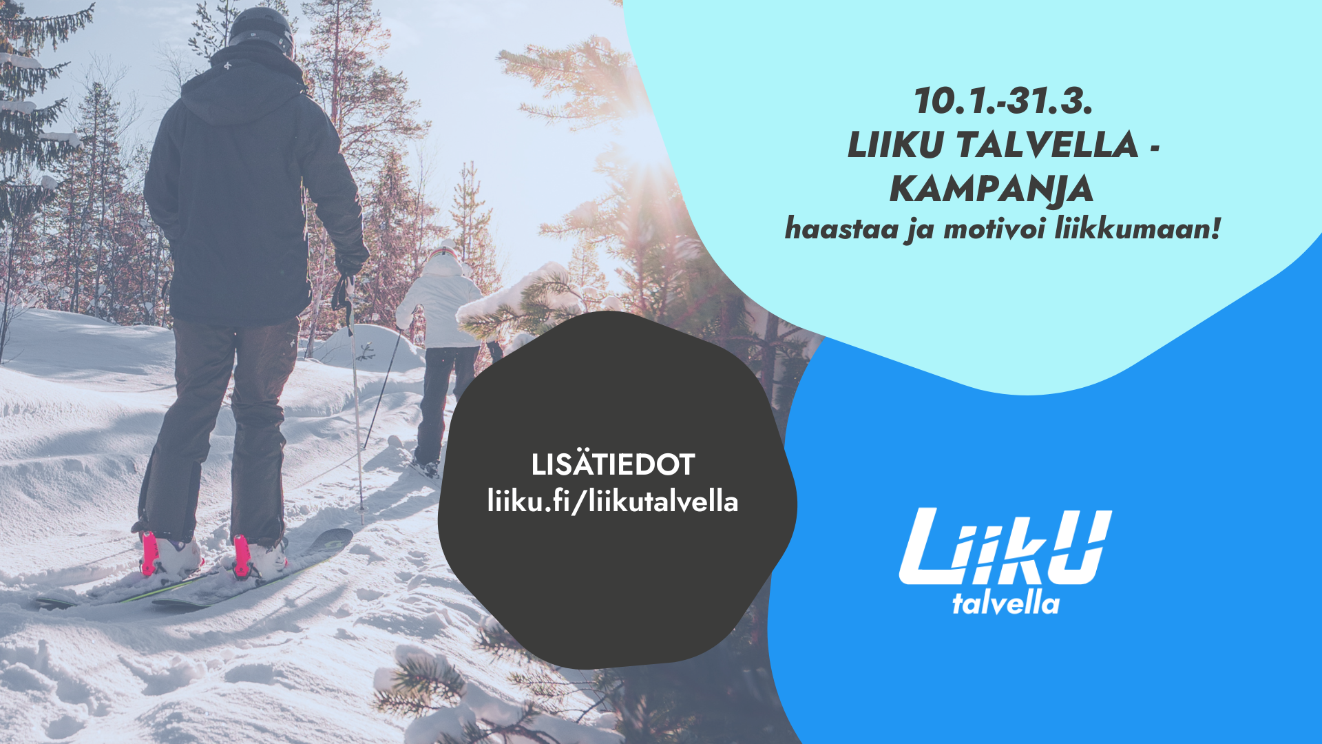 Laskettelija siirtymäreitillä latua pitkin talvisessa maisemassa.