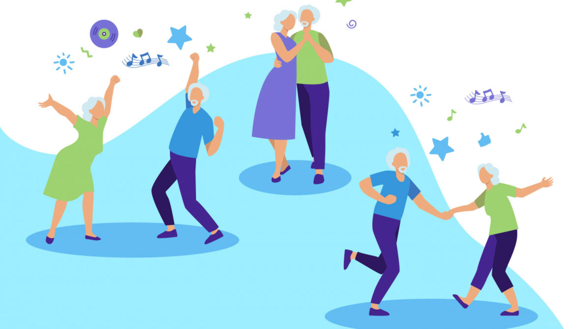 Piirroskuvassa tanssivia pariskuntia.