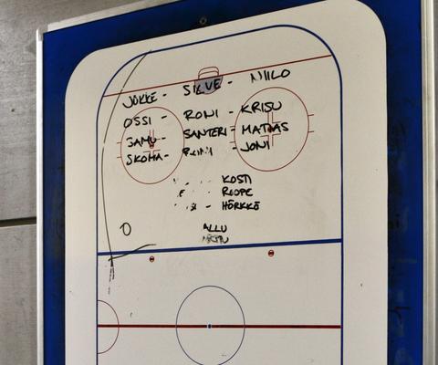 Valmentajan tekniikkataulu Raision jäähallilla.