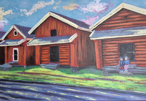 Erno Wihervuori, Neljä aittaa, 2026, akryyli, 50x100 cm