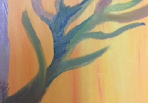 Hertta -nimisen henkilön tekemä öljyväriharjoitus, jossa vasemmalta alhaalta versoaa puun okisa muistuttavat rakenteet. Teoksen taustavärinä keltainen, oksien väreinä sinistä, vihreää ja lilaa.