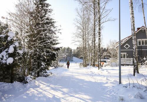 Jalankulkija talvisessa maisemassa