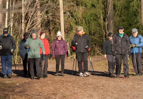Joukko eläkeläisiä sauvakävelemässä pururadalla.