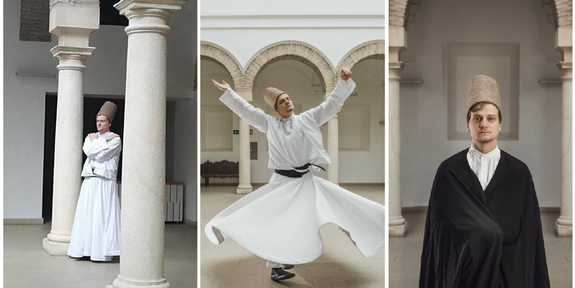 Alperen Dikici kolmessa kuvassa. Keskimmäisessä kuvassa hänen pyörivä dervissi-tanssiesitys.