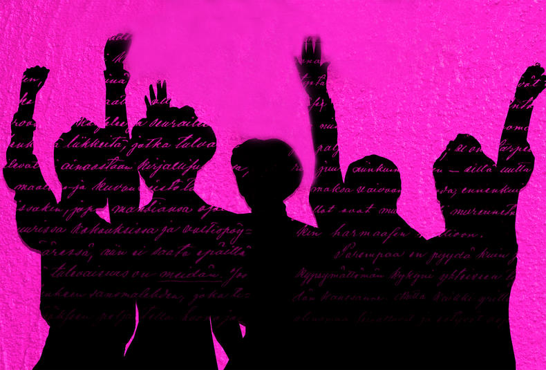 Viisi mustaa naishahmoa toinen käsi ylhäällä, kuvassa pinkki tausta.