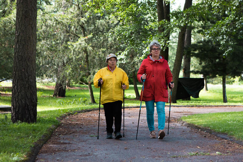 Keltatakkinen ja punatakkinen ikääntyvä nainen sauvakävelevät vehreässä puistossa.