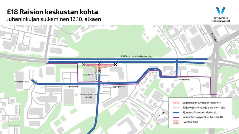 Juhaninkujan kiertoreitit lokakuussa 2026.