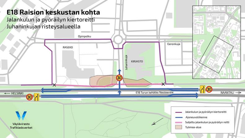 Kiertoreitti Juhaninkujan kohdalla.